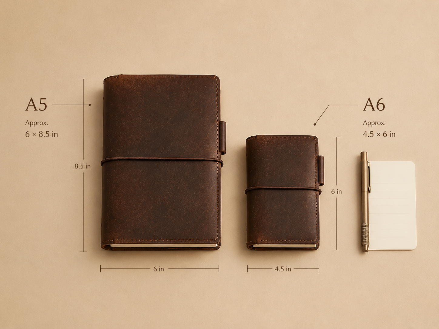 A5 and A6 leather journal size comparison with approximate dimensions