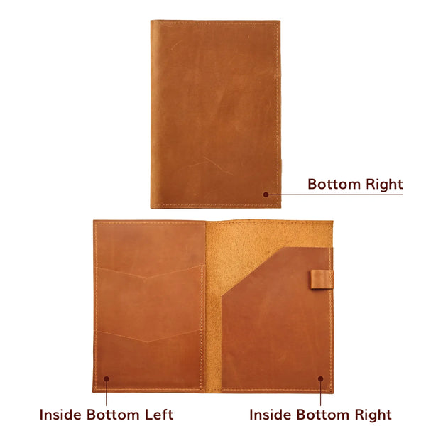Brown leather insert Alessia shown closed and open with personalization position markers