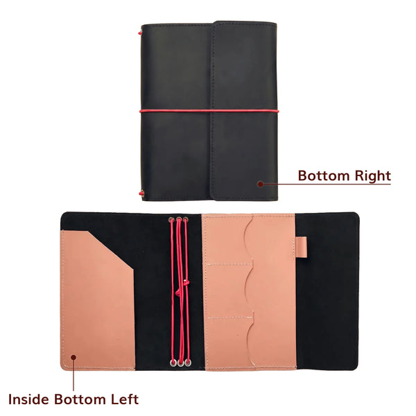 Black leather journal with red elastic shown from top and bottom perspectives on a white background