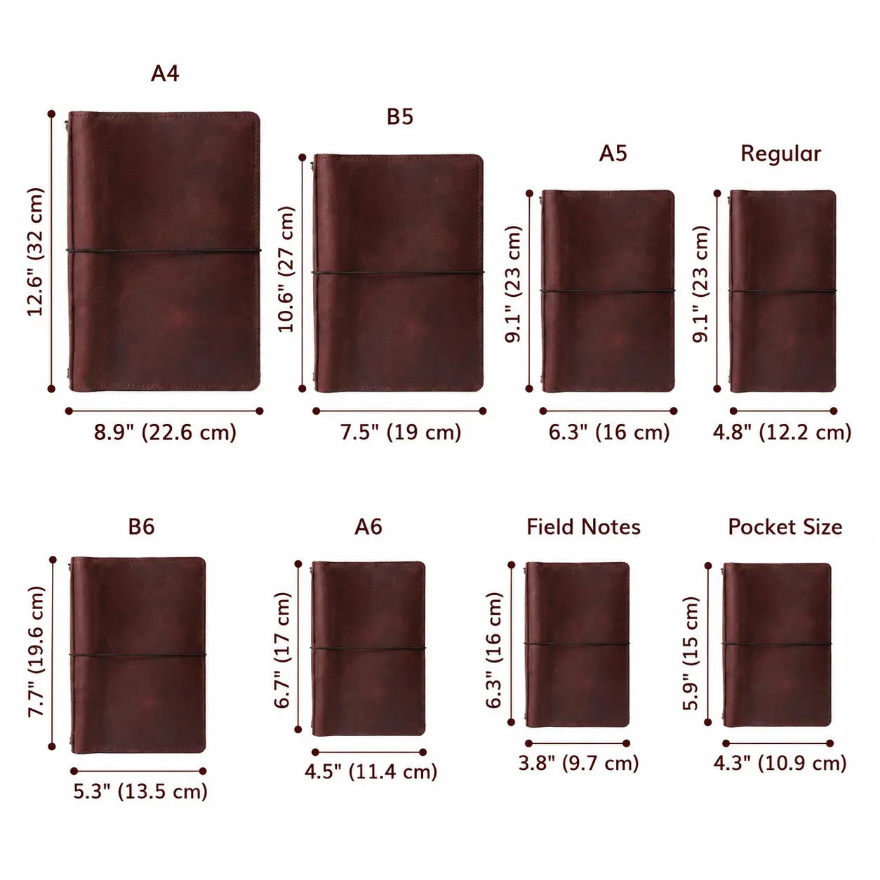 Leather journal cover sizes from Pocket to A4
