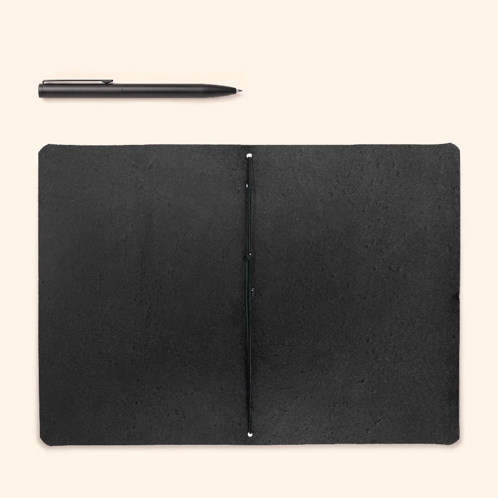 Leather journal cover showing artisanal finishing, authentic texture, and simple notebook pages.