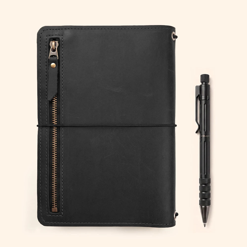 Handmade leather planner portfolio with organized storage and premium notebook protection.