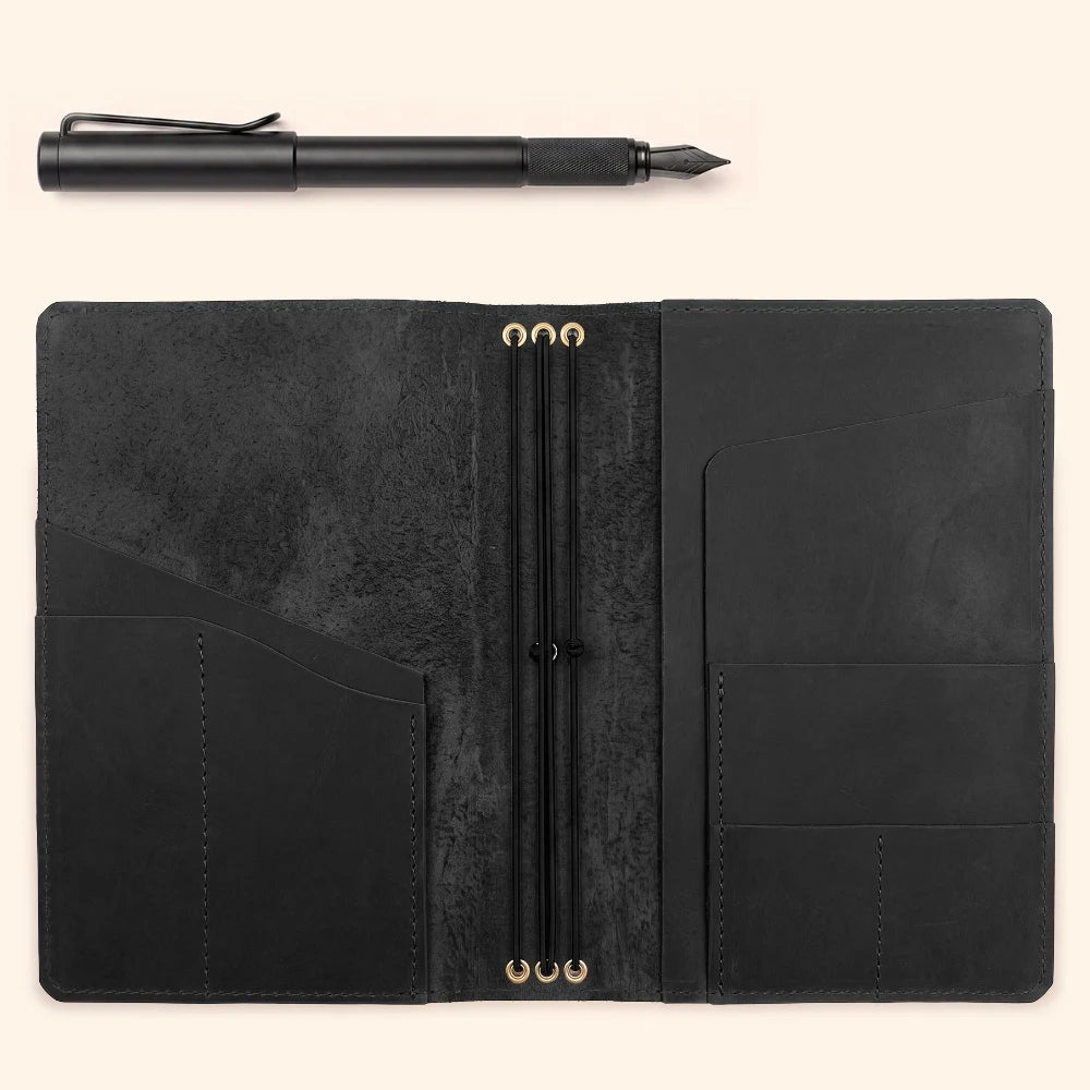 Genuine leather travel journal cover featuring three secure elastic bands inside.