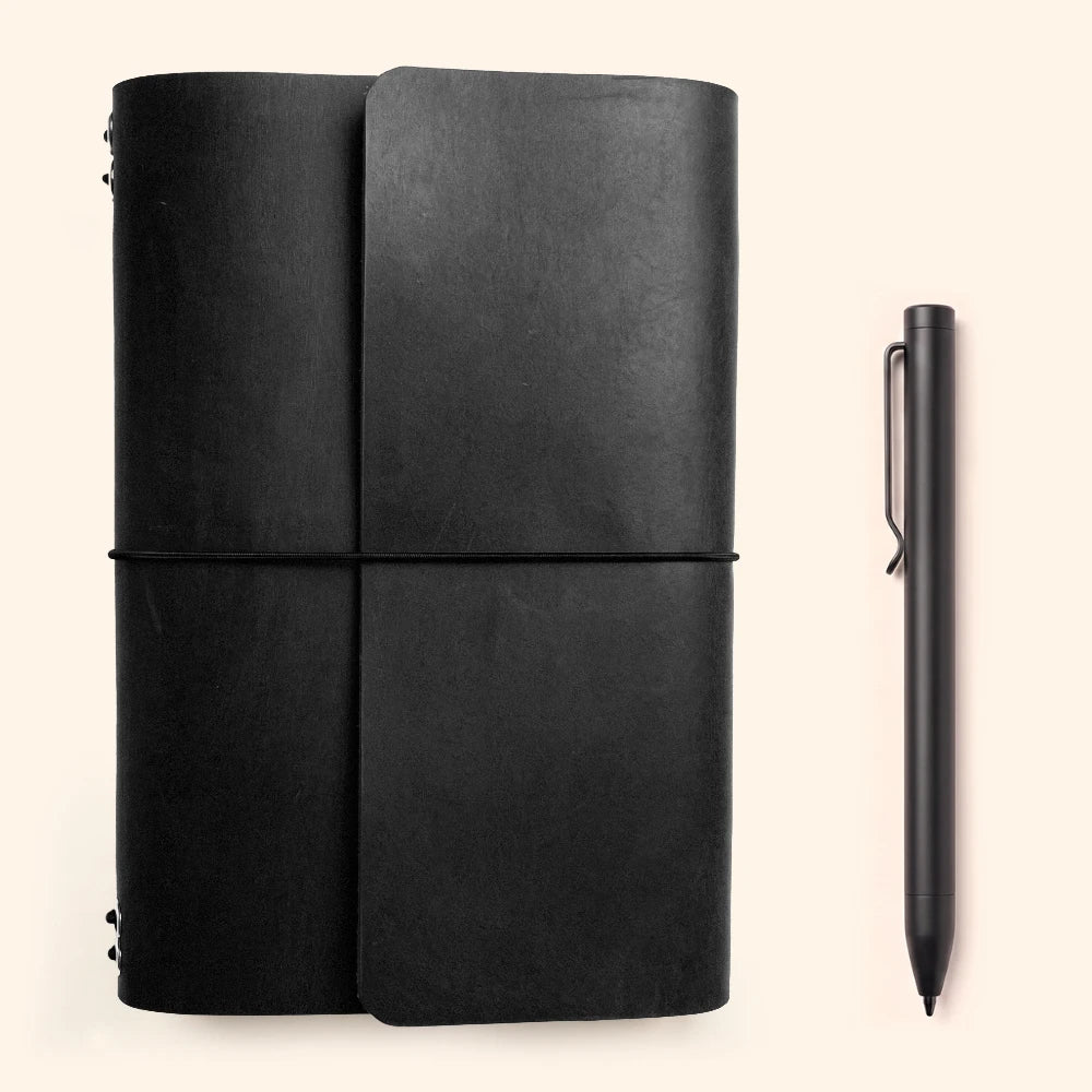 Premium handmade notebook cover featuring six elastic cords and convenient pen access.