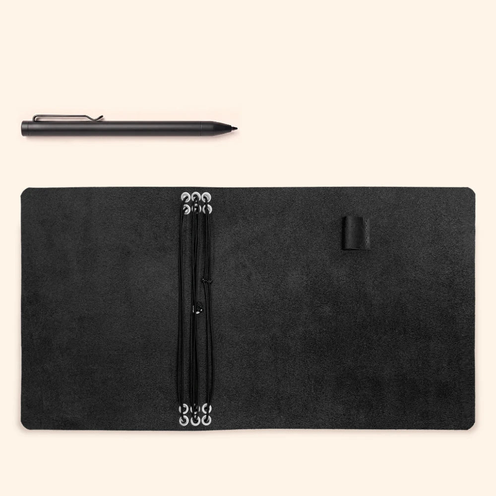 Natural leather notebook cover featuring six secure elastics for interchangeable refills.