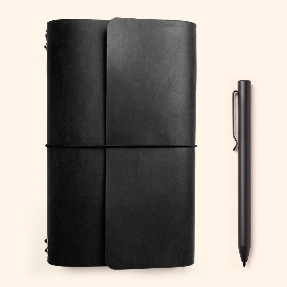 Genuine leather writing companion with six elastic retainers and a loop for pens.