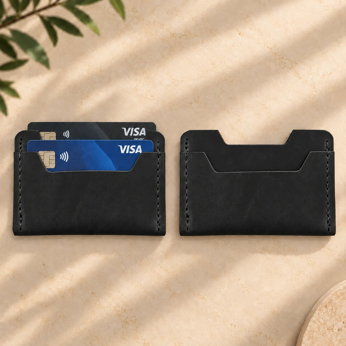 Compact genuine leather card holder with two convenient card slots