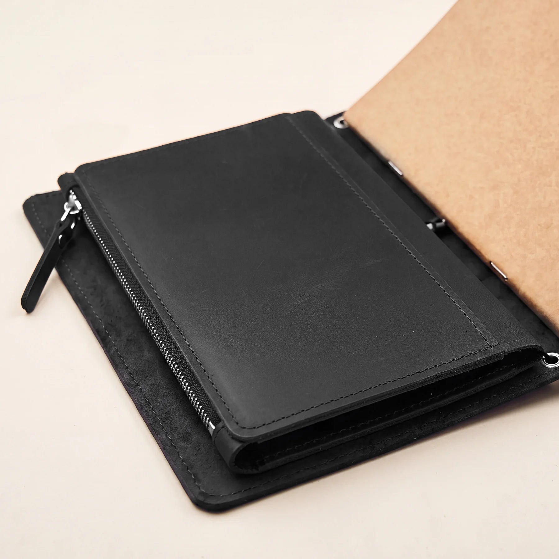 Genuine leather organizer insert compatible with refillable travel notebook systems.