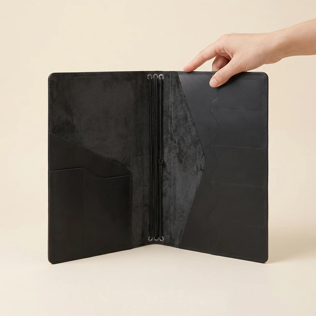 Artisan-crafted journal cover providing convenient storage and notebook flexibility.