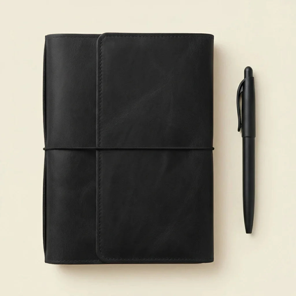 Black leather notebook and pen on a beige background
