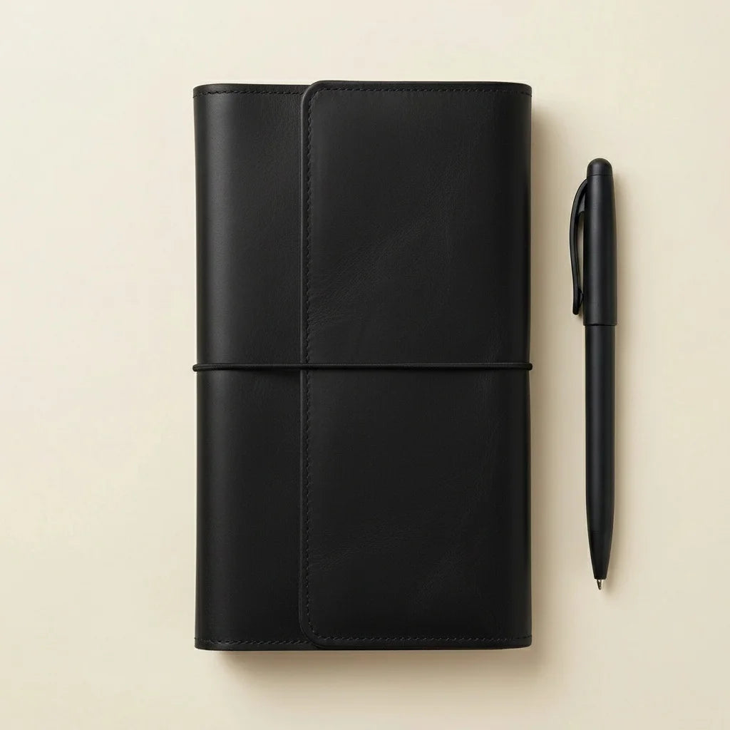 Black leather notebook and pen on a beige background