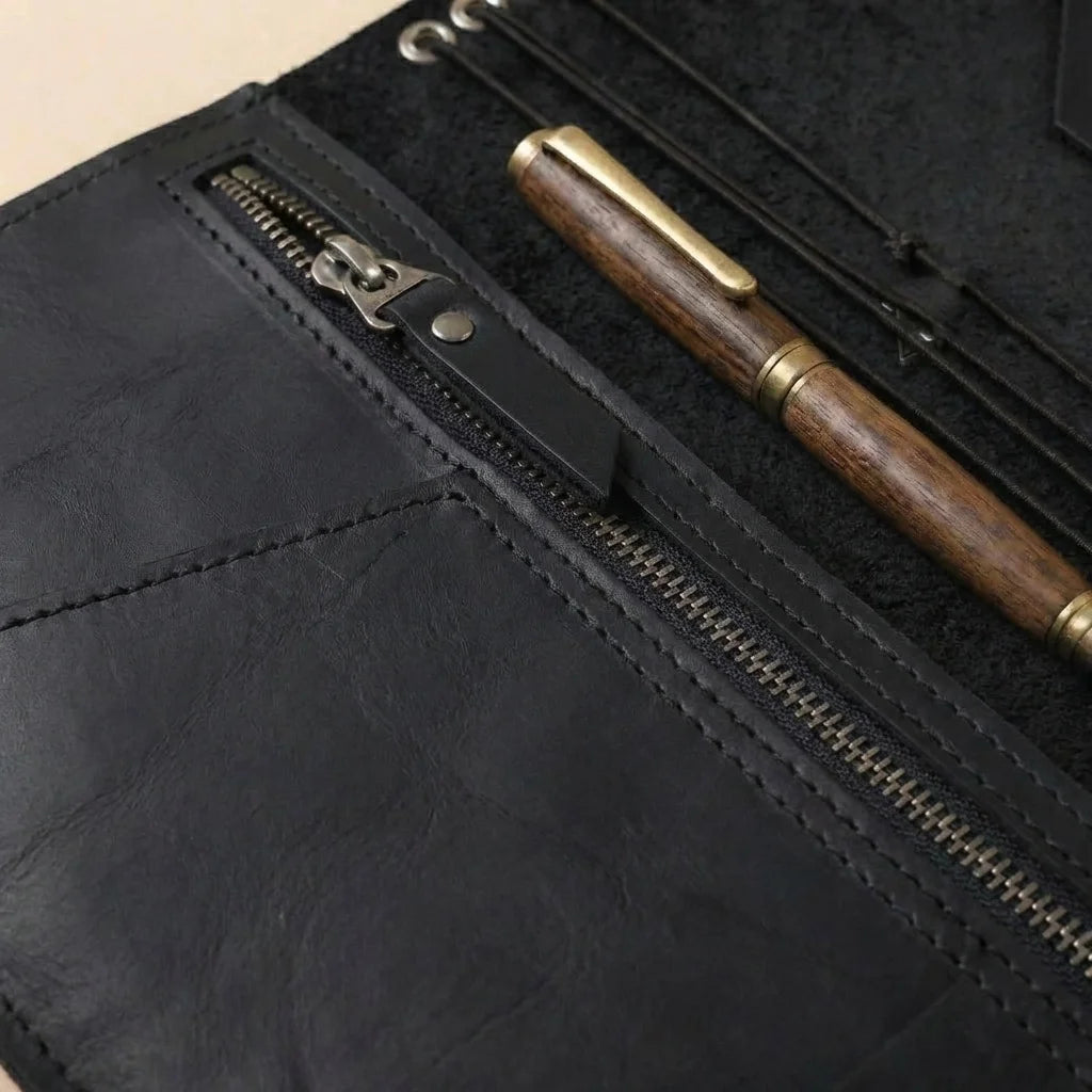 Black leather journal with a wooden pen inside