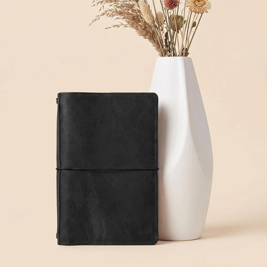 Leather notebook organizer offering convenient storage and elastic bands for notebook inserts.