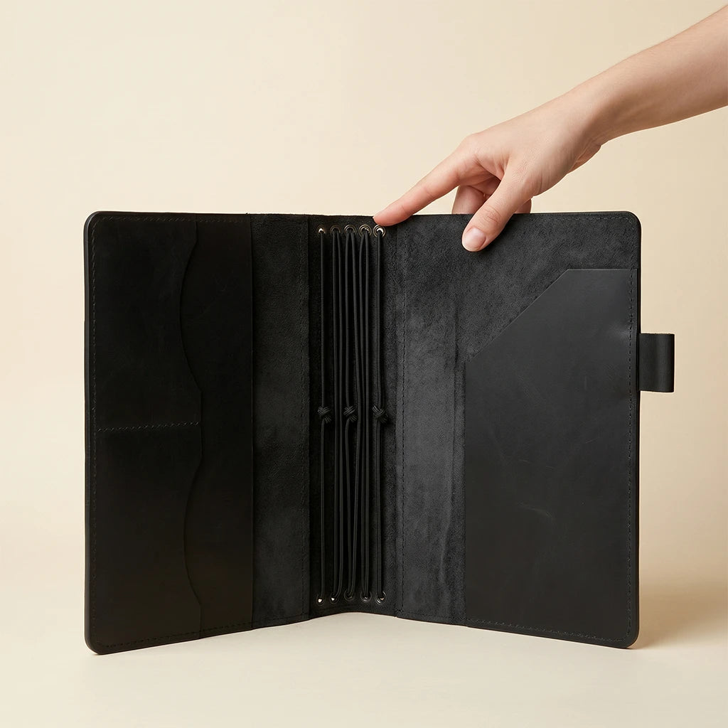 Leather journal cover with notebook insert straps and interior organizer layout