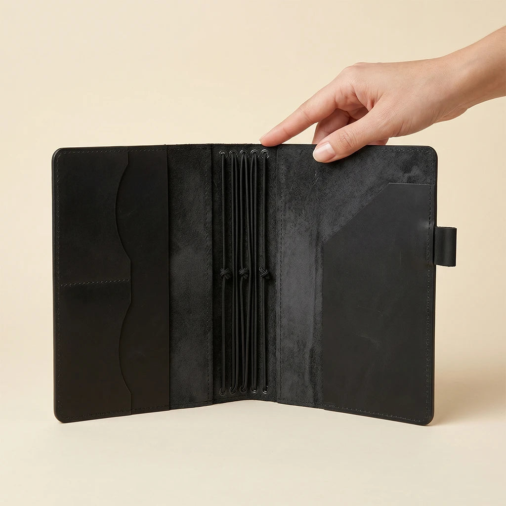 Refillable leather notebook holder with pen loop and inner leather pockets