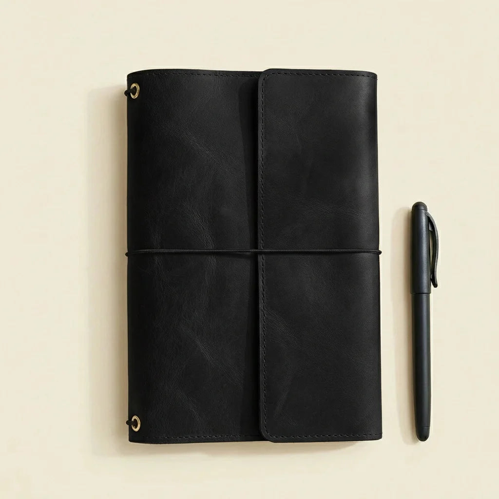 Black leather notebook with a pen on a beige background