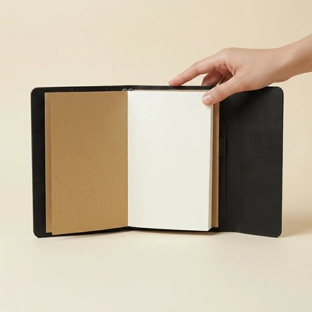 Hand holding a black-bound notebook with open pages on a beige background