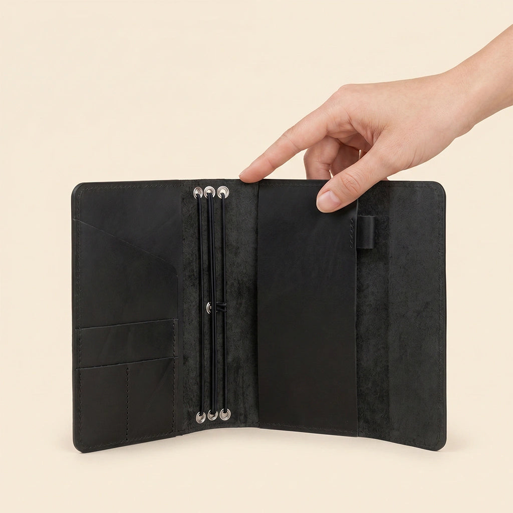 Genuine leather refillable journal cover with organizer pockets for everyday essentials.
