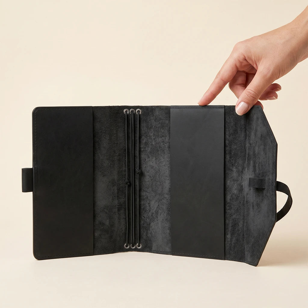 Durable leather journal protector with elastics keeping notebook safely closed.
