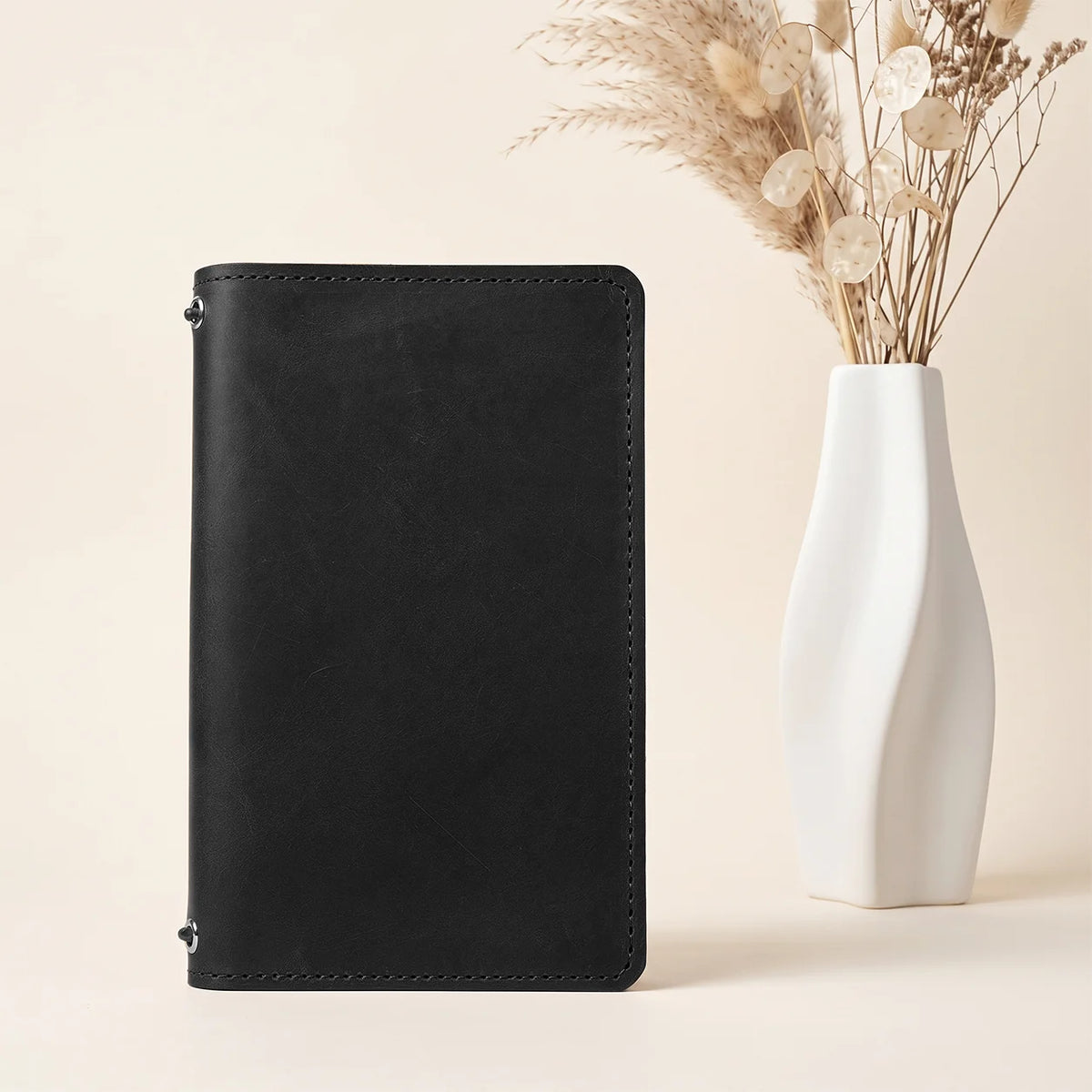 Premium Crazy Horse notebook organizer with two elastic straps and convenient interior storage