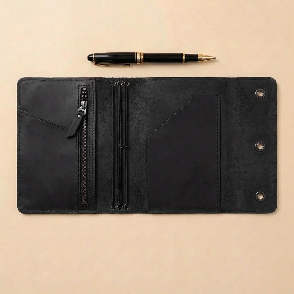 Black leather journal with pen on a beige background