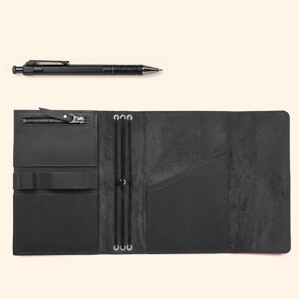Natural leather notebook case featuring organized pockets for everyday essentials and pens