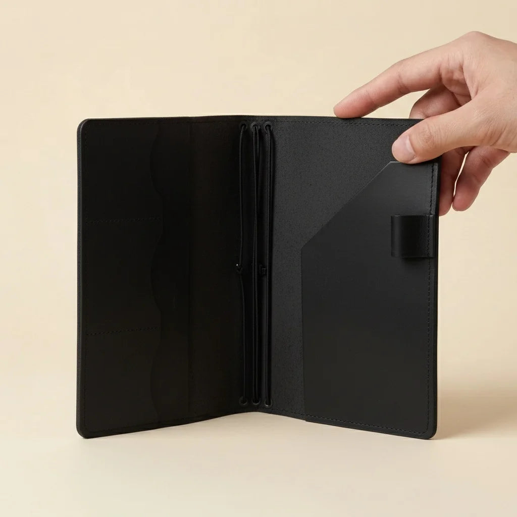 Black leather wallet held open by a hand on a beige background