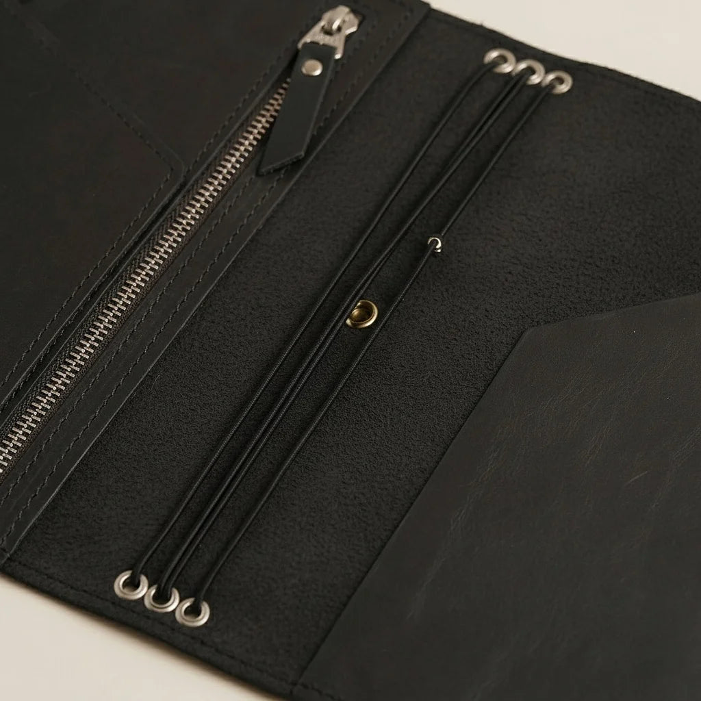 Close-up of a black leather bag with metal eyelets and zippers.