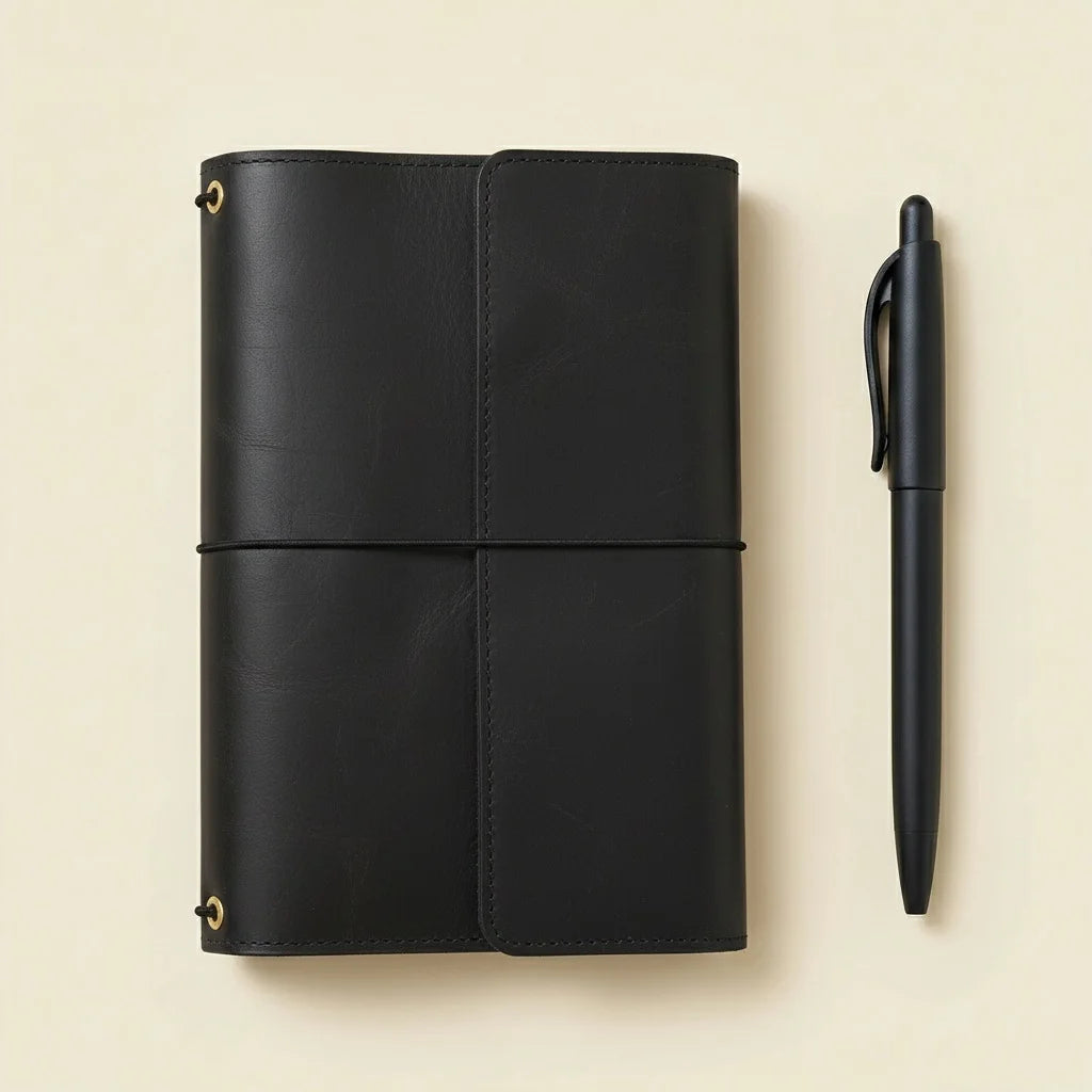 Black leather notebook and pen on a beige background
