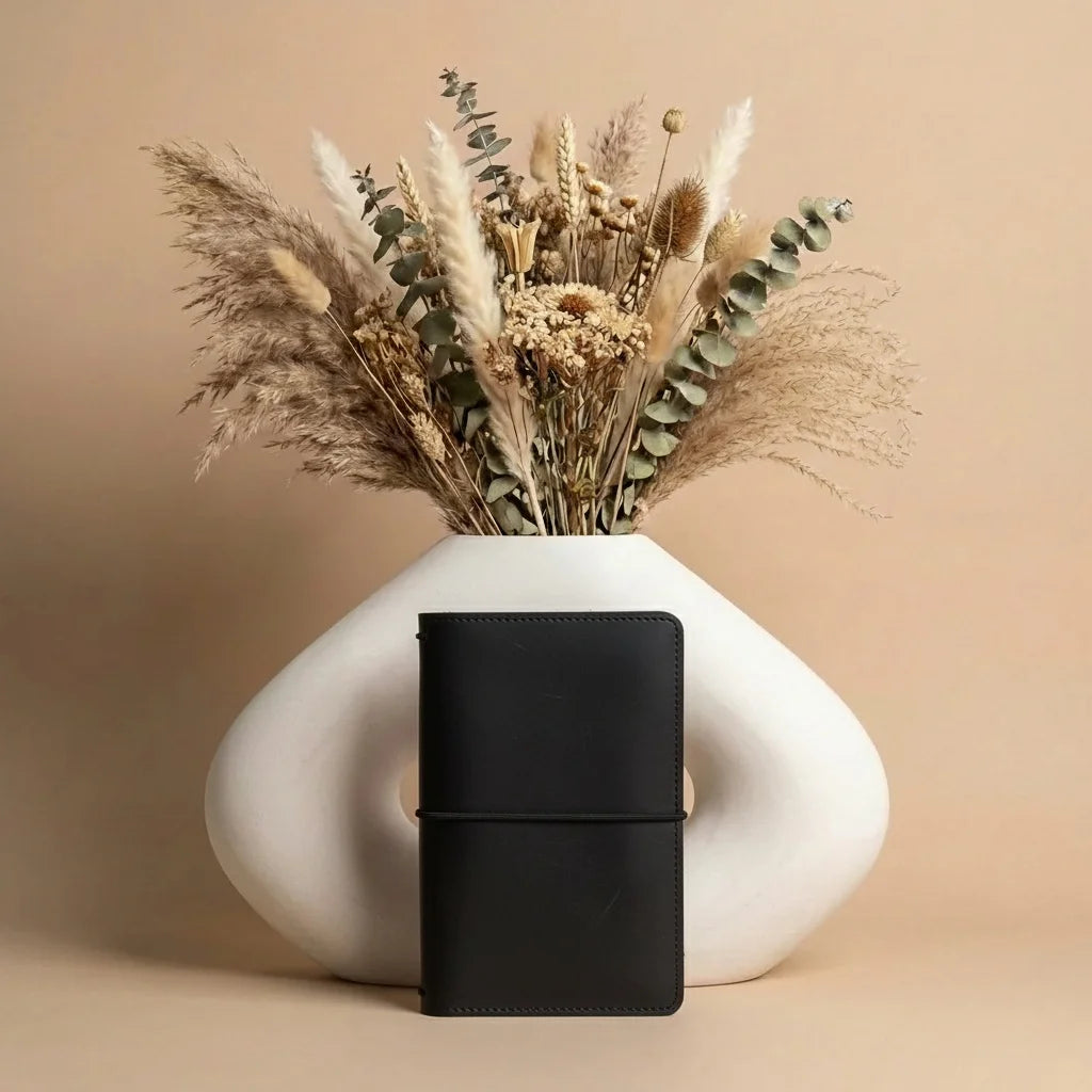 White vase with dried plants and a black notebook on a beige background