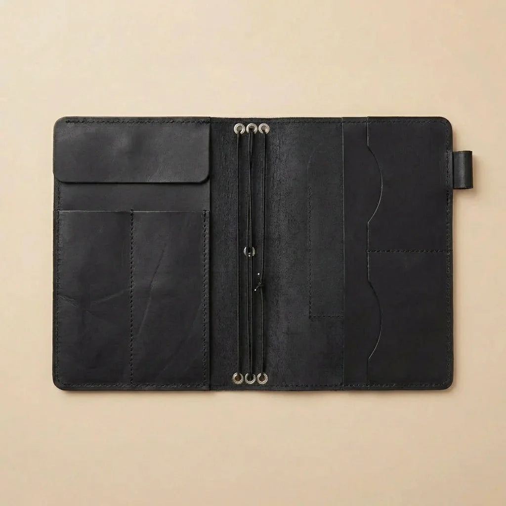 Black leather journal on a beige background