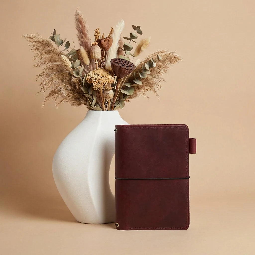 White vase with dried flowers next to a brown leather notebook on a beige background