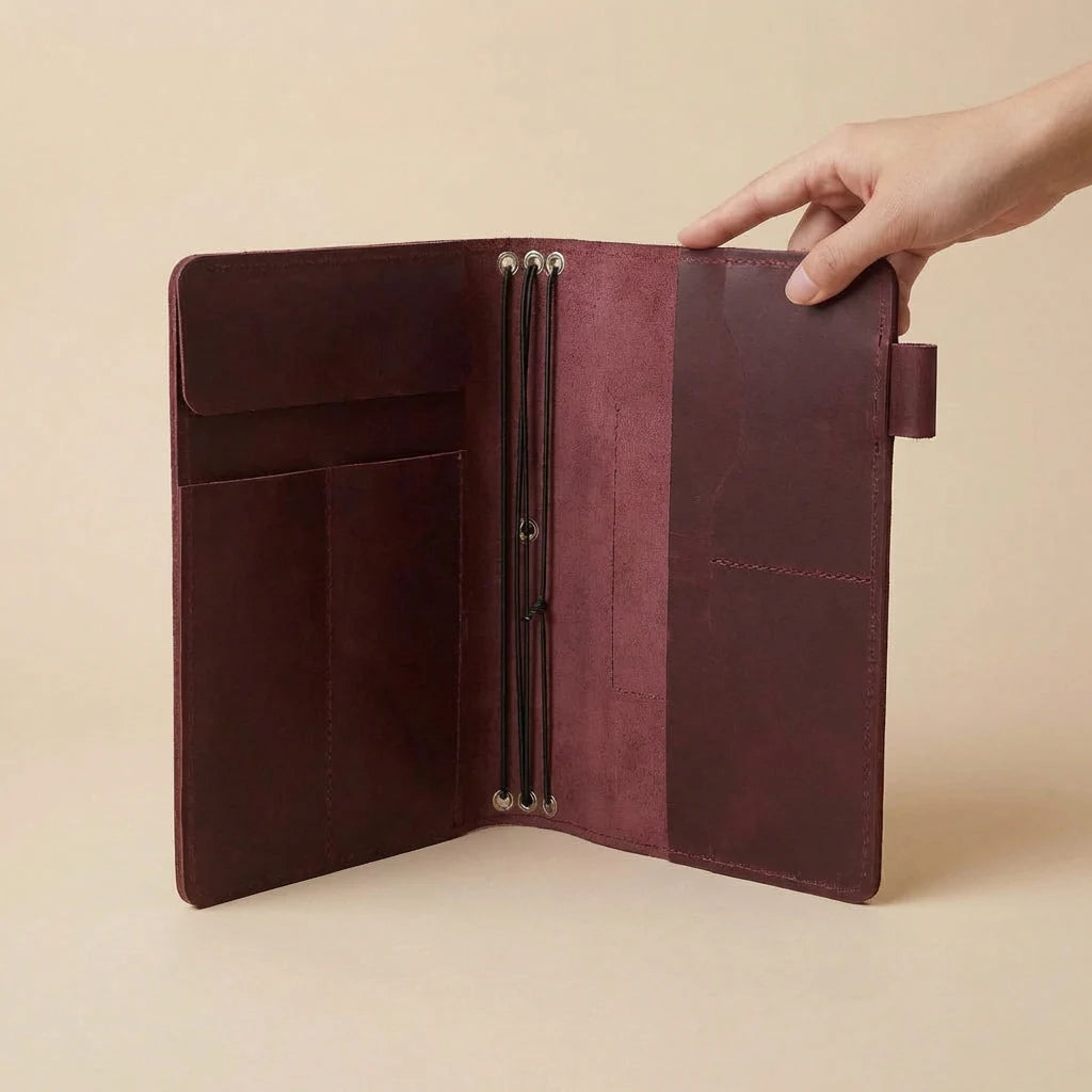 Brown leather journal cover held open by a hand on a beige background