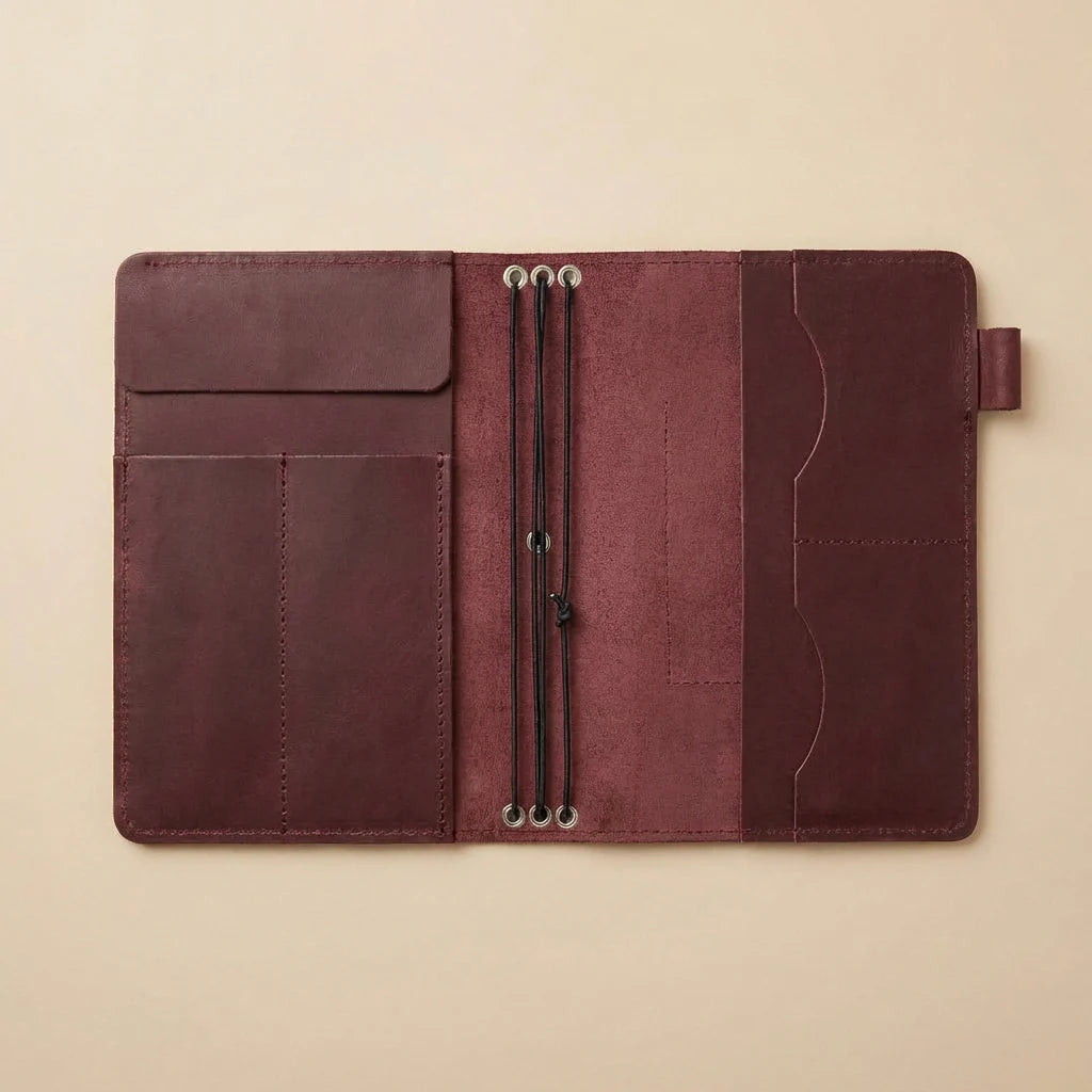 Brown leather case with strap on a beige background