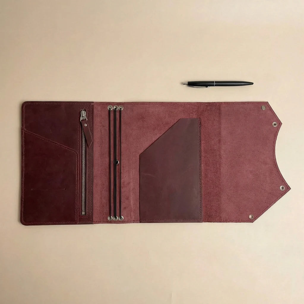 Brown leather journal cover with zippers and a pen on a beige background