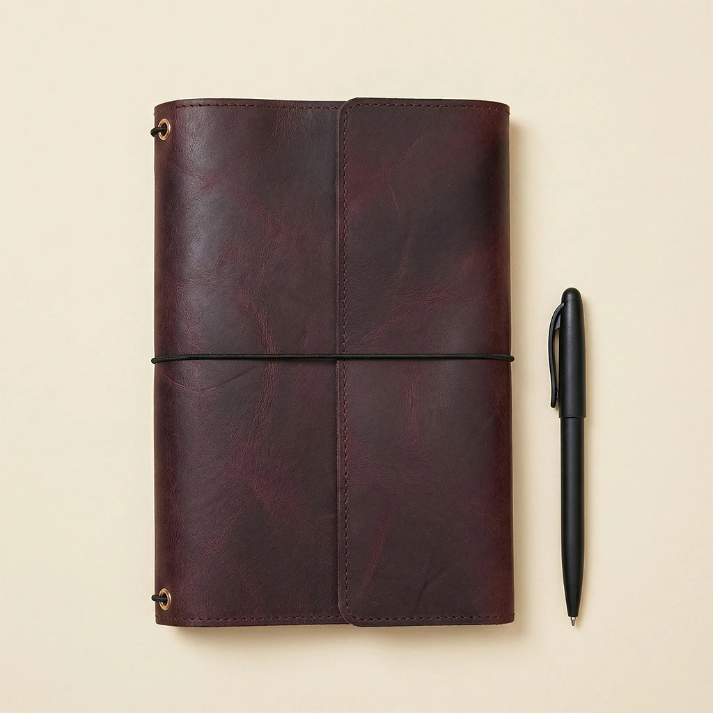 Brown leather notebook with a black pen on a beige background