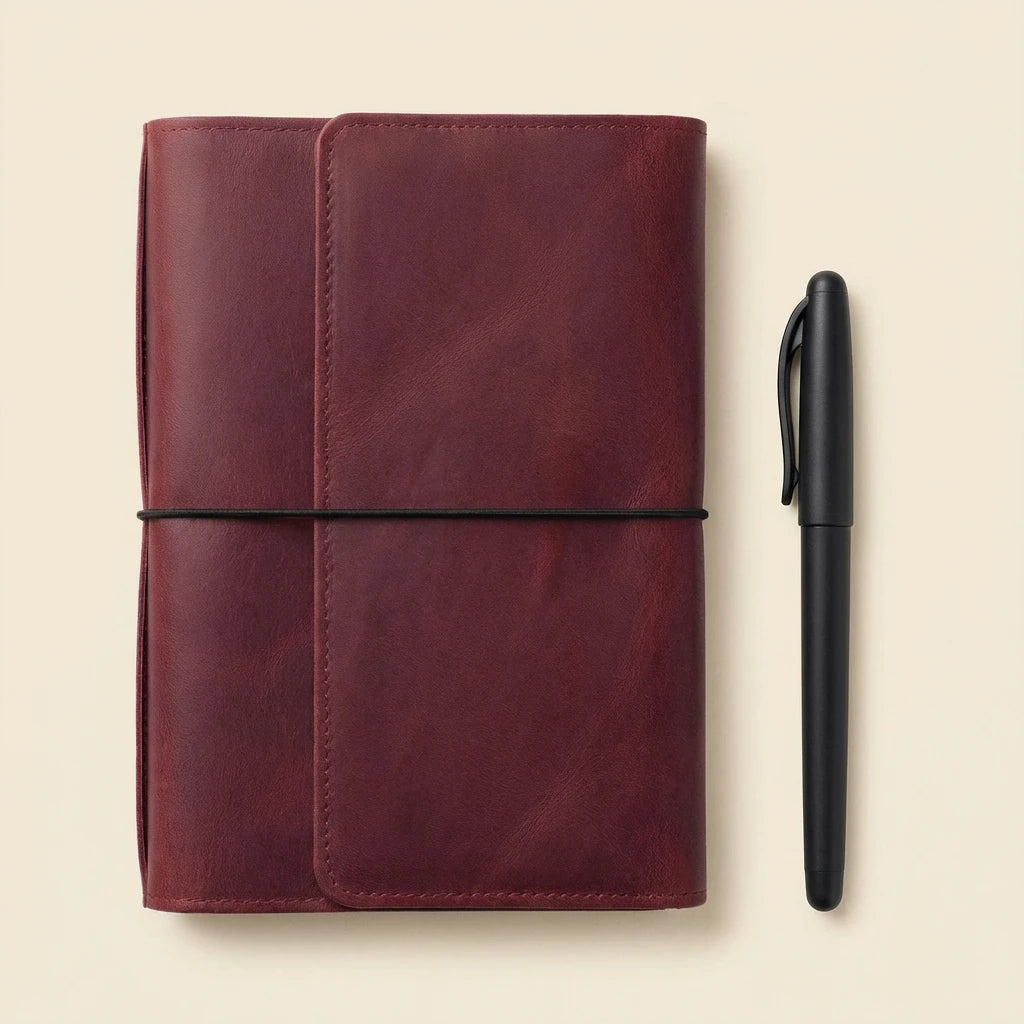 Brown leather notebook with a black pen on a beige background
