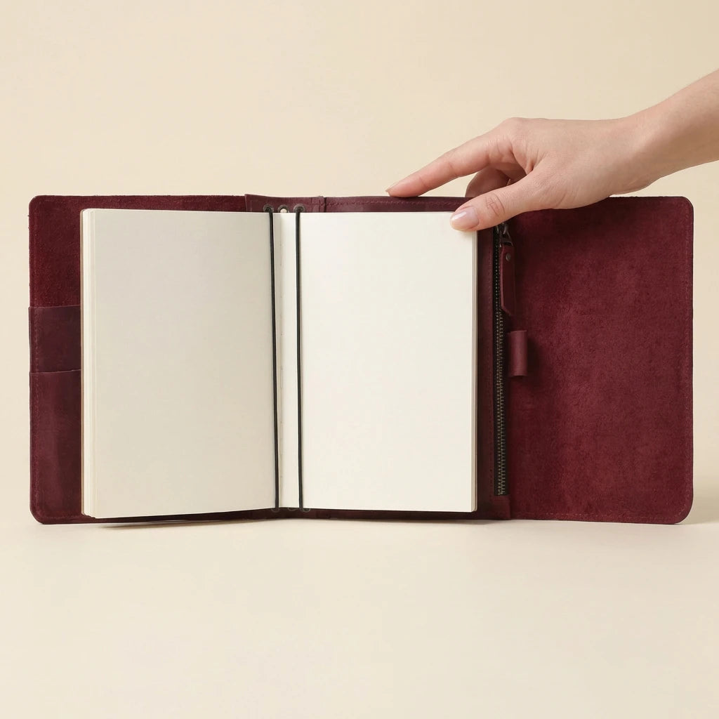 Burgundy leather notebook with a hand opening it on a beige background
