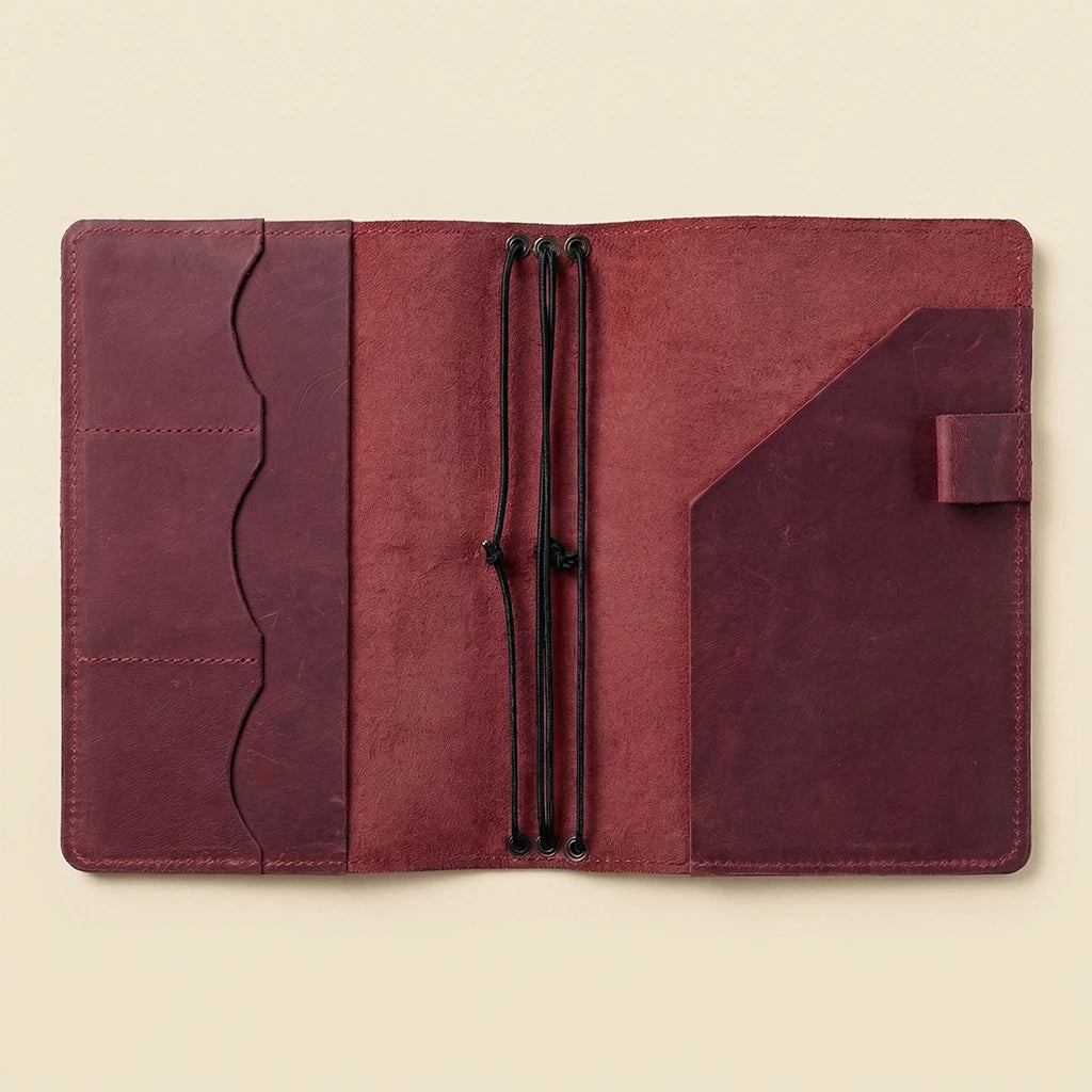 Red leather journal with multiple card slots on a beige background