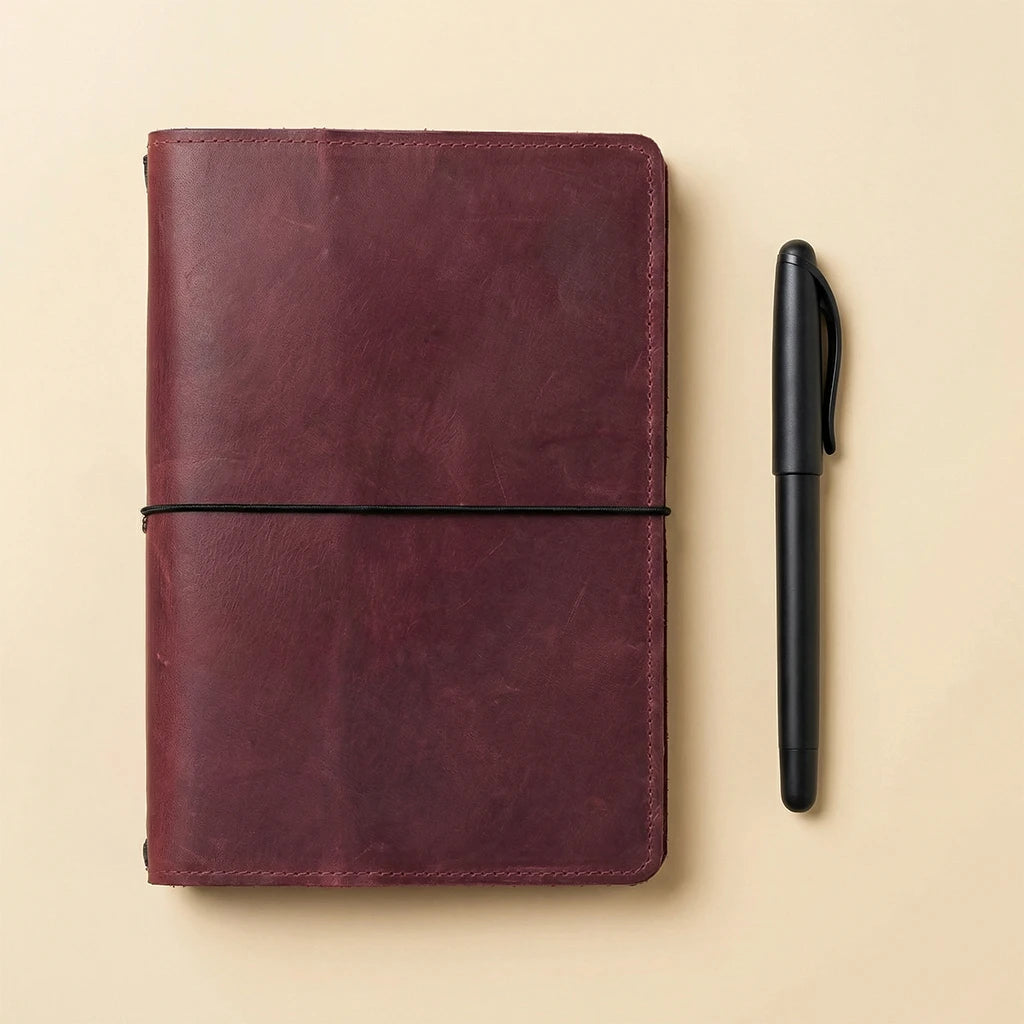 Brown leather notebook with a black pen on a beige background