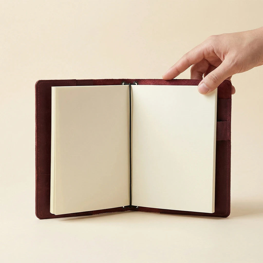 Hand holding an open leather-bound notebook with a plain beige background
