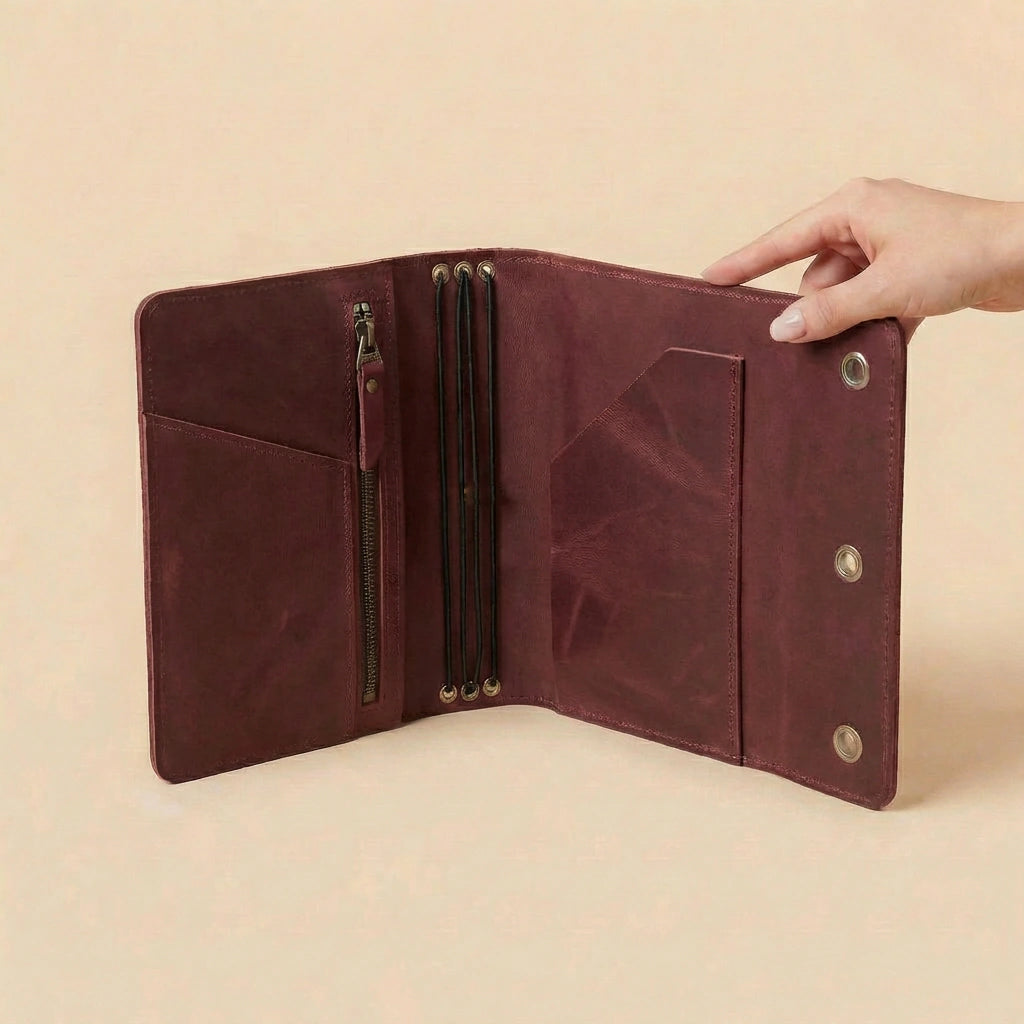 Brown leather journal cover with zippers on a beige background