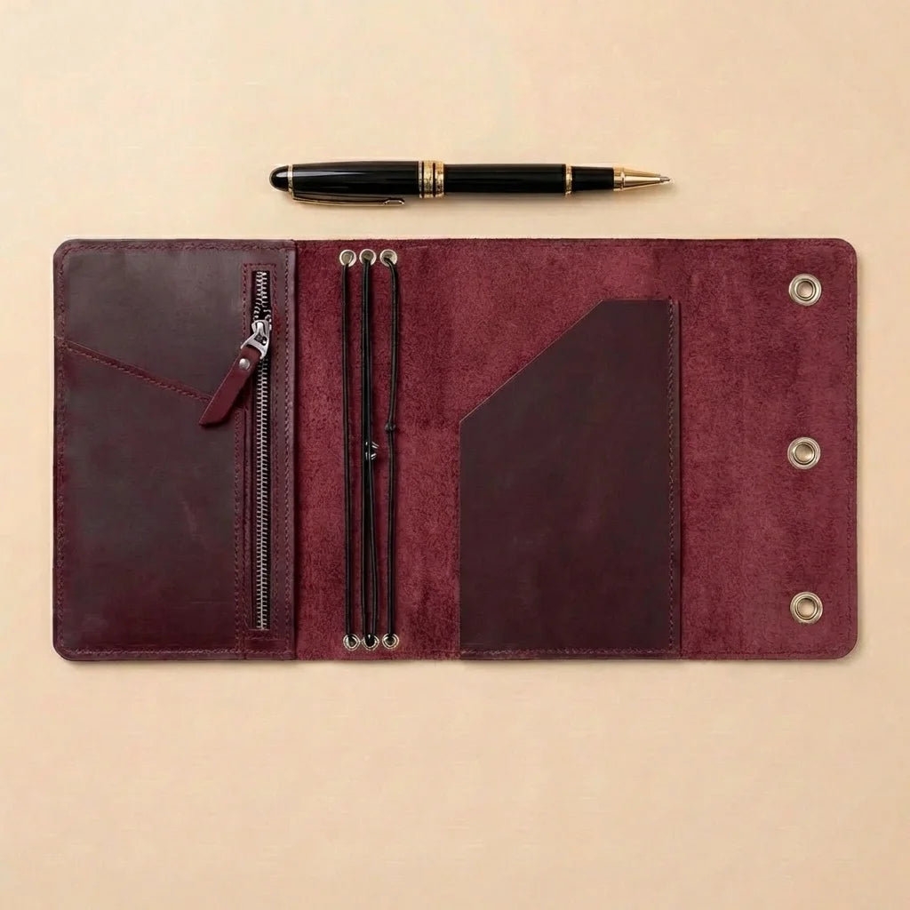 Brown leather journal with pen on a beige background