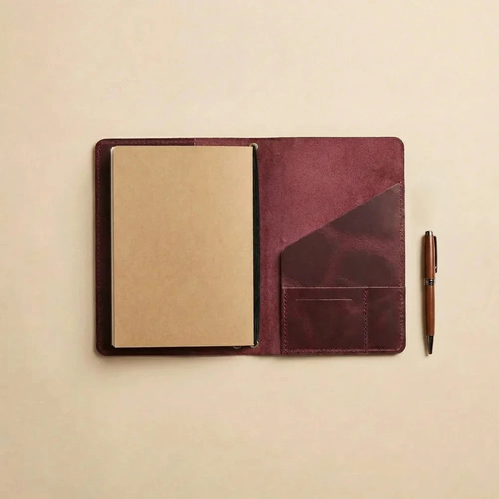 Genuine leather writing journal cover with elastic notebook retention and card storage slots.