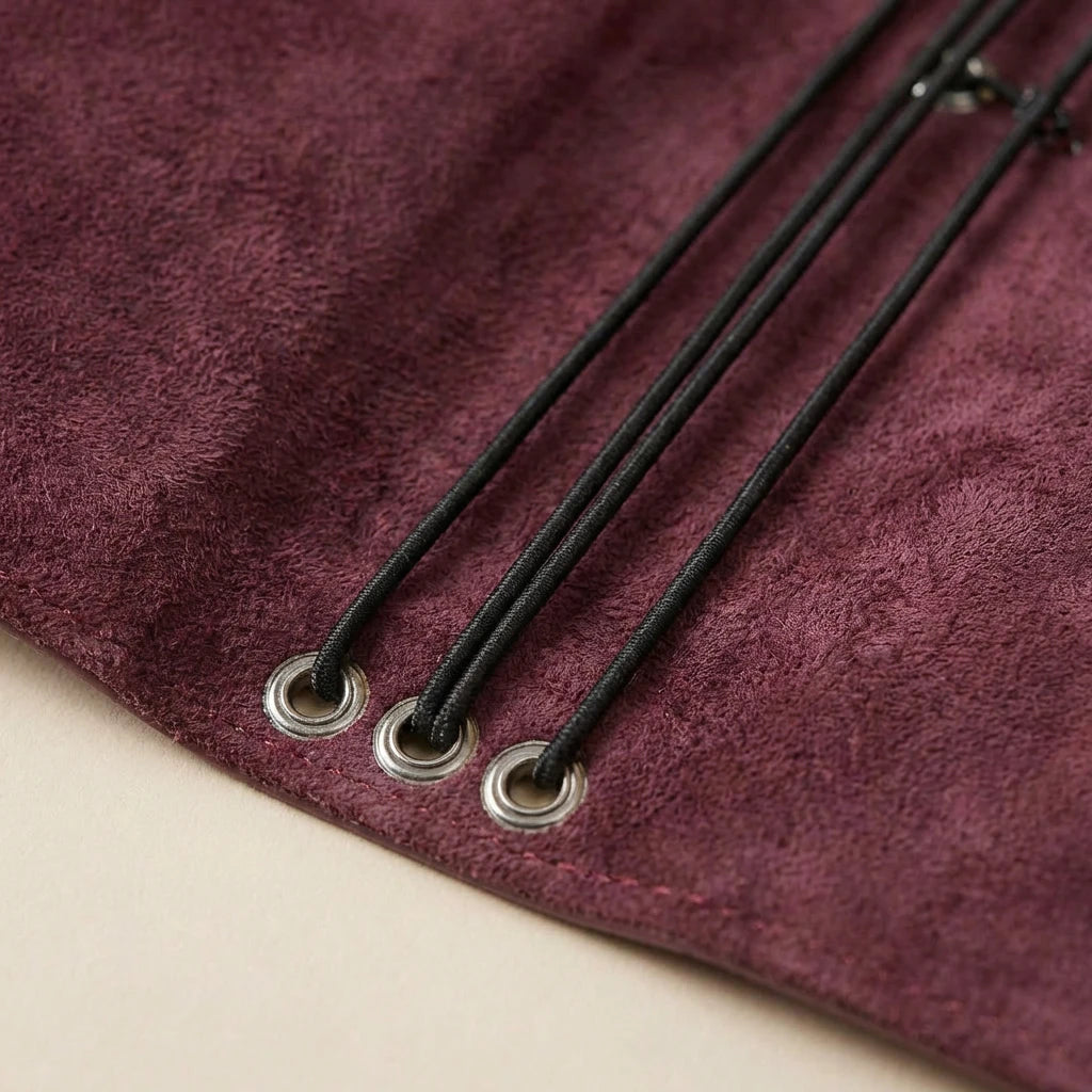 Close-up of a purple fabric with black drawstrings and metal eyelets.