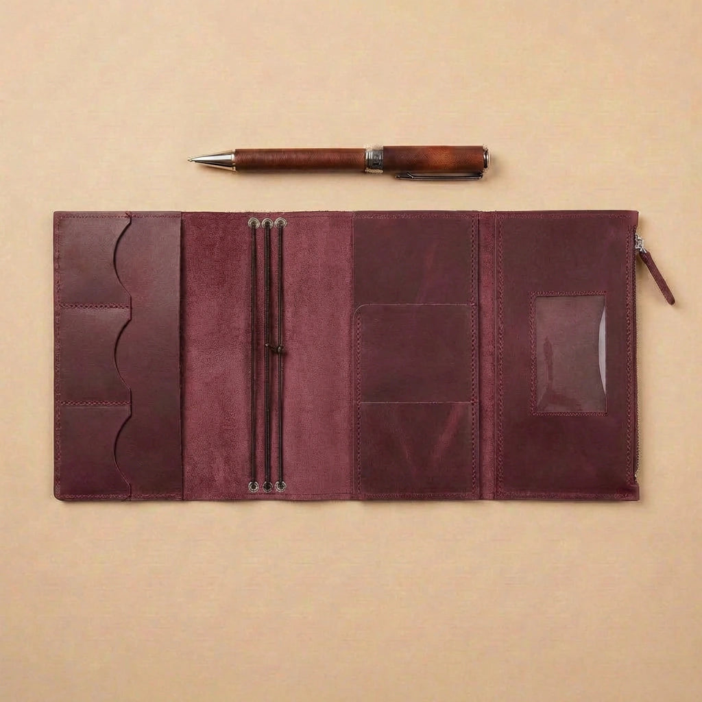 Brown leather journal cover with pen on a beige background
