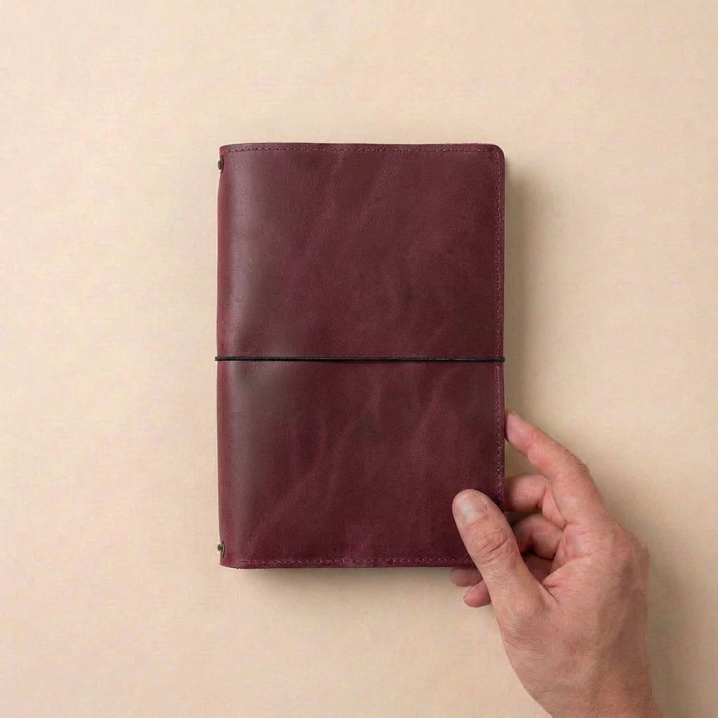 Brown leather notebook held by a hand on a beige background