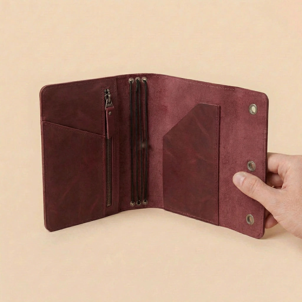 Brown leather journal cover held open by a hand on a beige background