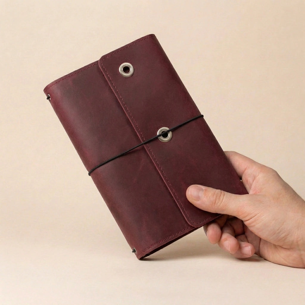 Hand holding a maroon leather notebook against a beige background