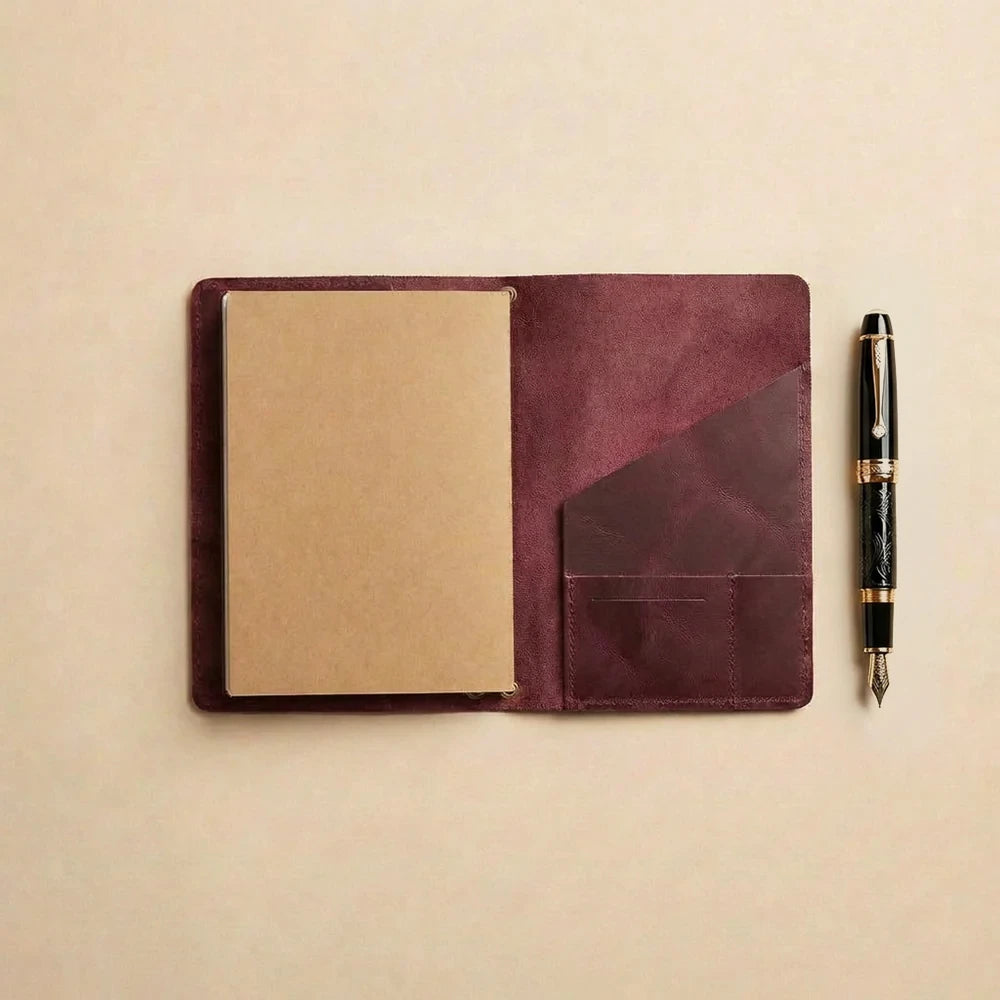 Leather travel journal organizer with refillable inserts, storage pockets, and handcrafted construction.